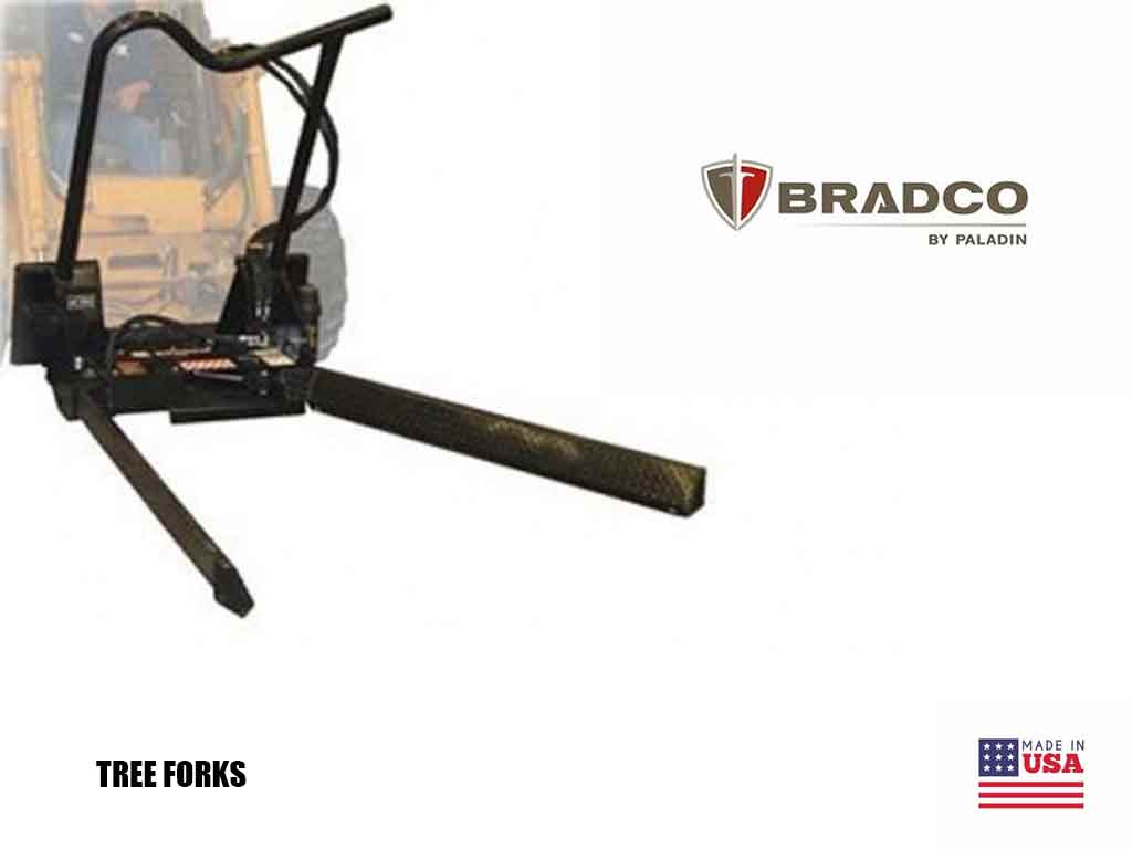 Paladin Bradco Tree Forks With Hose Kit | Max Ball 44" | Capacity 3,000 lbs | Oil Flow Range 6–10 GPM | For Skid Steer