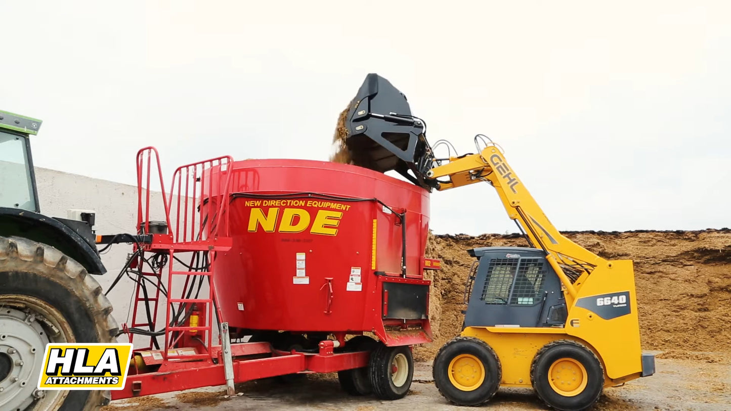 HLA Attachments High Dump High Volume Bucket with Skid Steer Mount | Width 60", 66", 72", 78", 84" & 96" | Hydraulic Flow 12-18 GPM | For Skid Steer