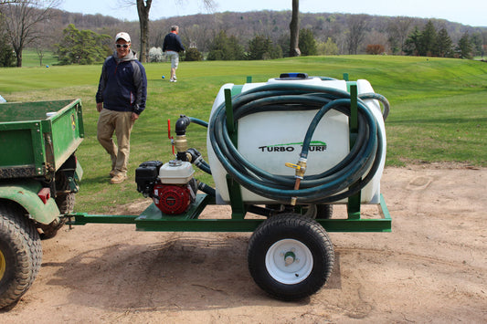 Turbo Turf Hydroseeder | HS-150-P (Pull Type) | Width 49” | Capacity 150-Gallon | Engine Horsepower 6.5 HP | For Golf Courses & Lawn Renovation
