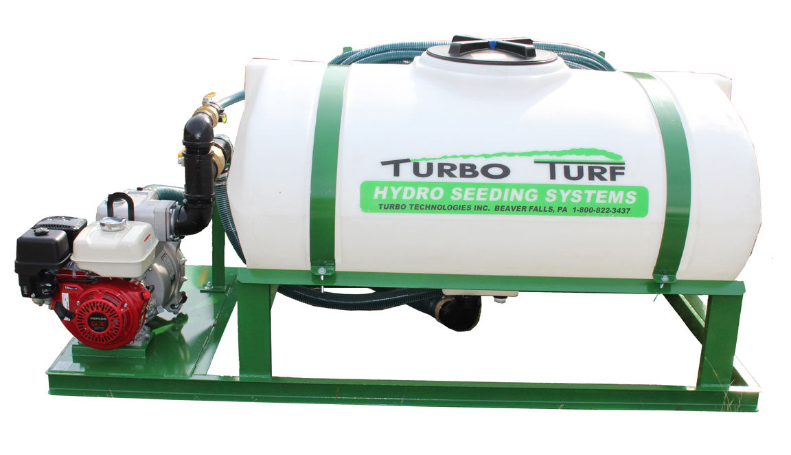 Turbo Turf Hydroseeder | Model HS-300-E8 & HS-300-E8-P | Width 62” | Length 93" & 95" | Capacity 300 Gallon | Engine Horsepower 8 HP | For Landscapers & Golf Courses