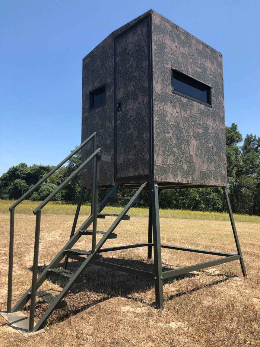 AWS Blind | Bushlan Outfitter Hunting Blinds | Models 5x5, 5x7 & 5x9 | Widths 60", 84" & 108" | Tower Heights Ground, 4', 8' & 12' | All-Metal Build | Combo Bow/Rifle Windows | For Deer Hunting