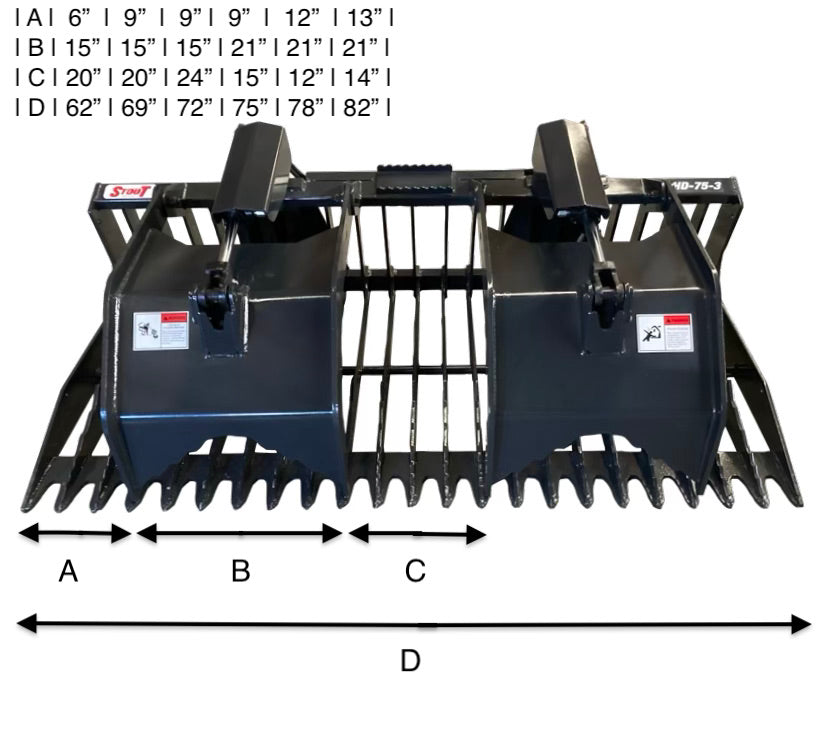 STOUT | Heavy Duty Rock Bucket Grapple | 3" Tine Spacing | Model 62", 69", 72", 78" & 82" Widths | Hydraulic Flow 15-25 GPM | For Skid Steer