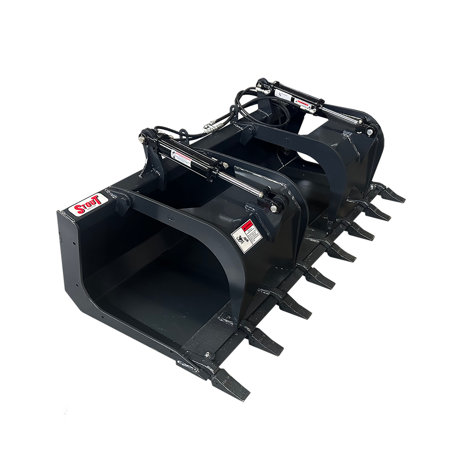 STOUT | 84" Flat Bottom Grapple Bucket | Single, Double, & Tooth Edge | Hydraulic Cylinders | 30-55 HP (22-41 kW | For Skid Steer