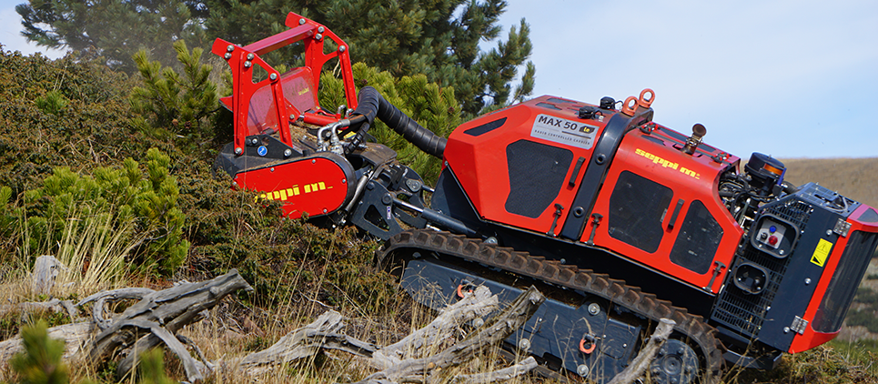 Seppi | Forestry Mulcher + Flail Mower | Knives & Carbides RC Remote Control Carrier | Model MAX50/CL125RC | Working Width 49" To 61" Inches | Hydraulic Flow 26 GPM | For Skid Steers