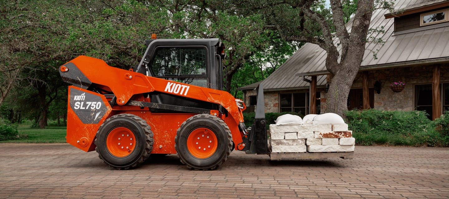 KIOTI Skid Steer Loader | Model SL750-LQ Cab | Width 74.4" | Length 144.7" | Height with Cab 81.2" | Hydraulic Flow 21.9 GPM | For Heavy-Duty Tasks