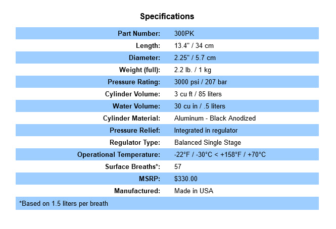 Brownie Third Lung Spare Air Nitrox Redundant Breathing System- 3 cu.ft. | Model SPAREAIR-NX3CU | 2.25" Width | For Emergency Nitrox SCUBA Air Supply