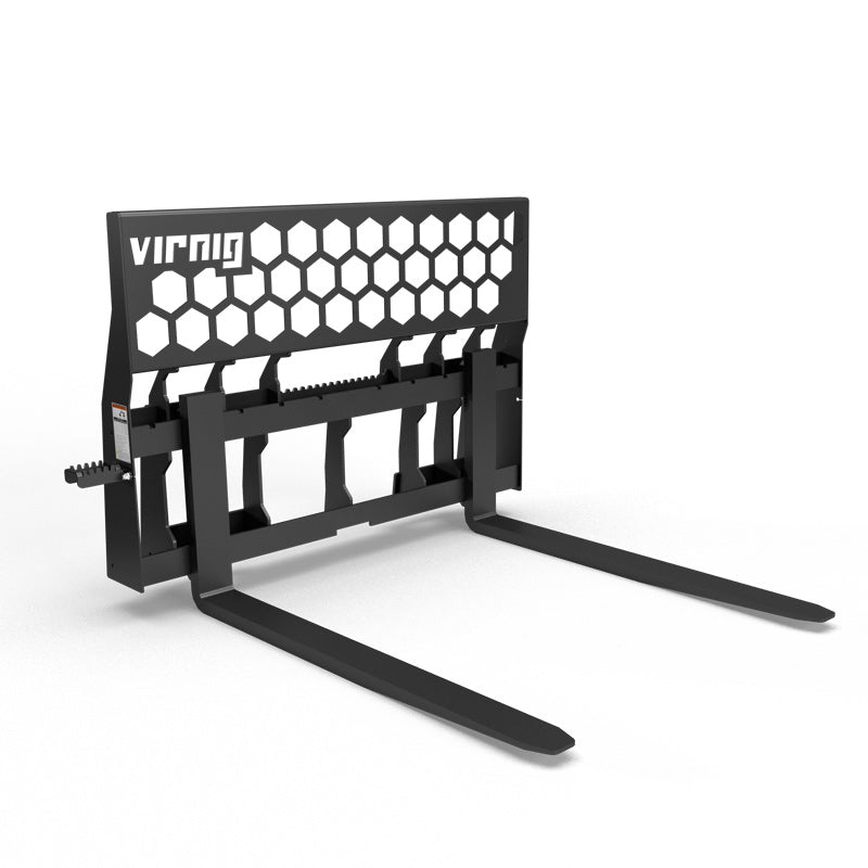 Virnig Wide Rail Pallet Fork: Hex-Guard | Models WPFHG4240 To WPFHG4862 | Tine Length 42" To 72" | Widths 54.5" To 59.5" | Hydraulic Flow 15 To 25 GPM | For Skid Steer