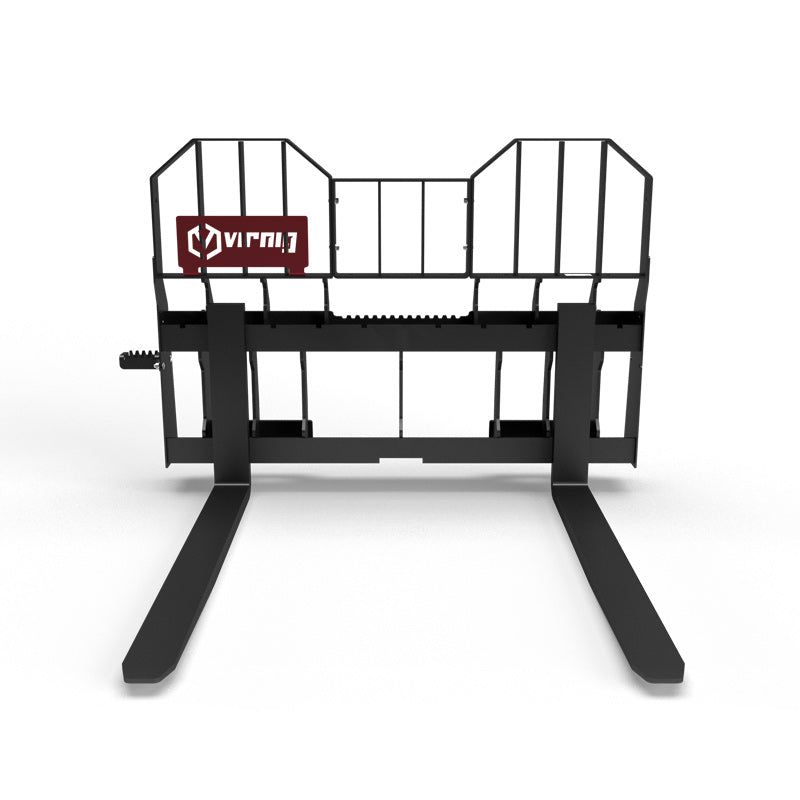 Virnig Wide Rail Pallet Fork: Hi-Vis | Models WPF4240 To WPF4862 | Tine Length 42" To 72" | Widths 54.5" To 59.5" | Hydraulic Flow 15 To 25 GPM | For Skid Steer