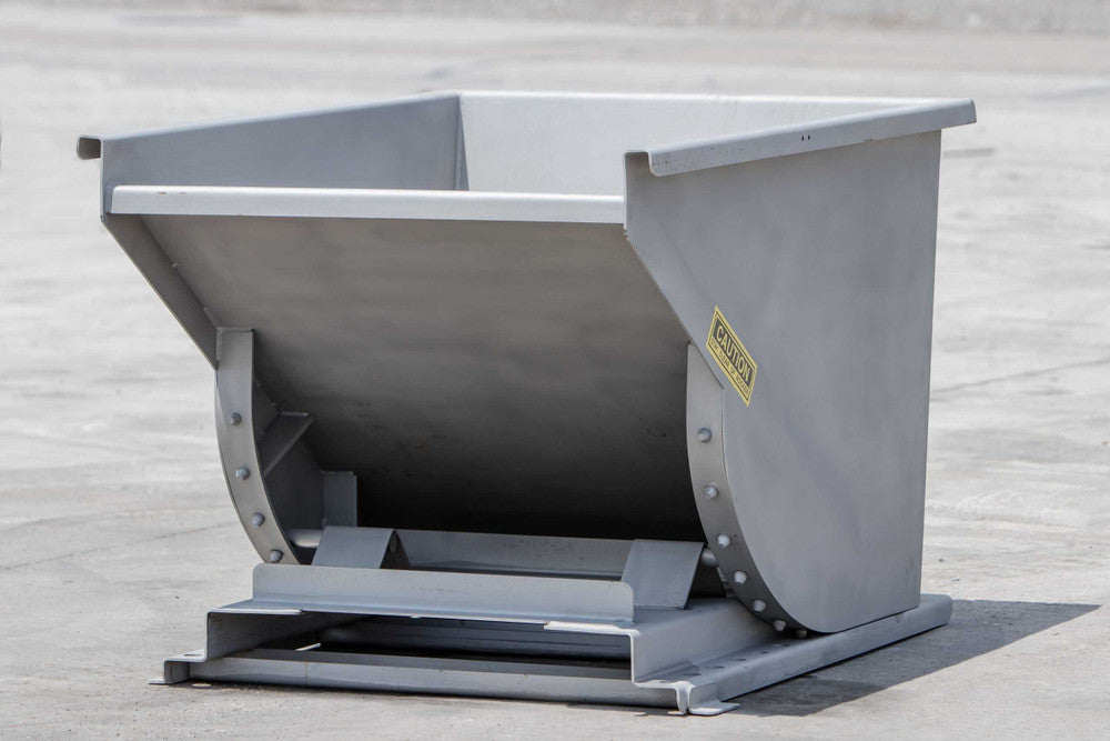 Express Steel | Self-Dumping Hopper | Model Wright Stainless Steel | SKU 5077SS | Capacity 0.5 Yard | Load Rating 4,000 lb | Weight 445 lbs | For Forklifts & Pallet Forks