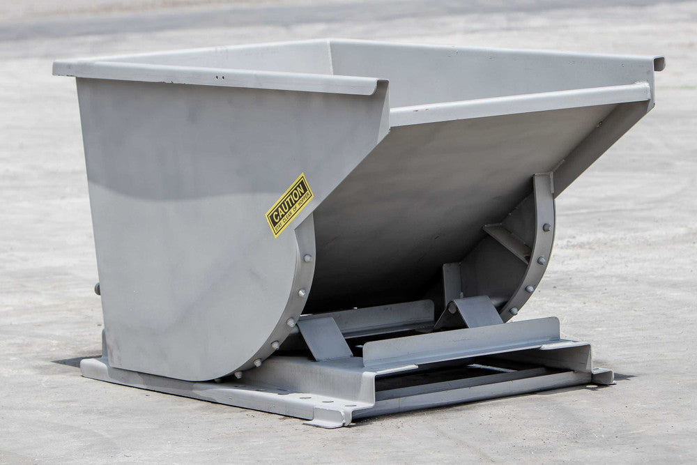 Express Steel | Self-Dumping Hopper | Model Wright Stainless Steel | SKU 5077SS | Capacity 0.5 Yard | Load Rating 4,000 lb | Weight 445 lbs | For Forklifts & Pallet Forks
