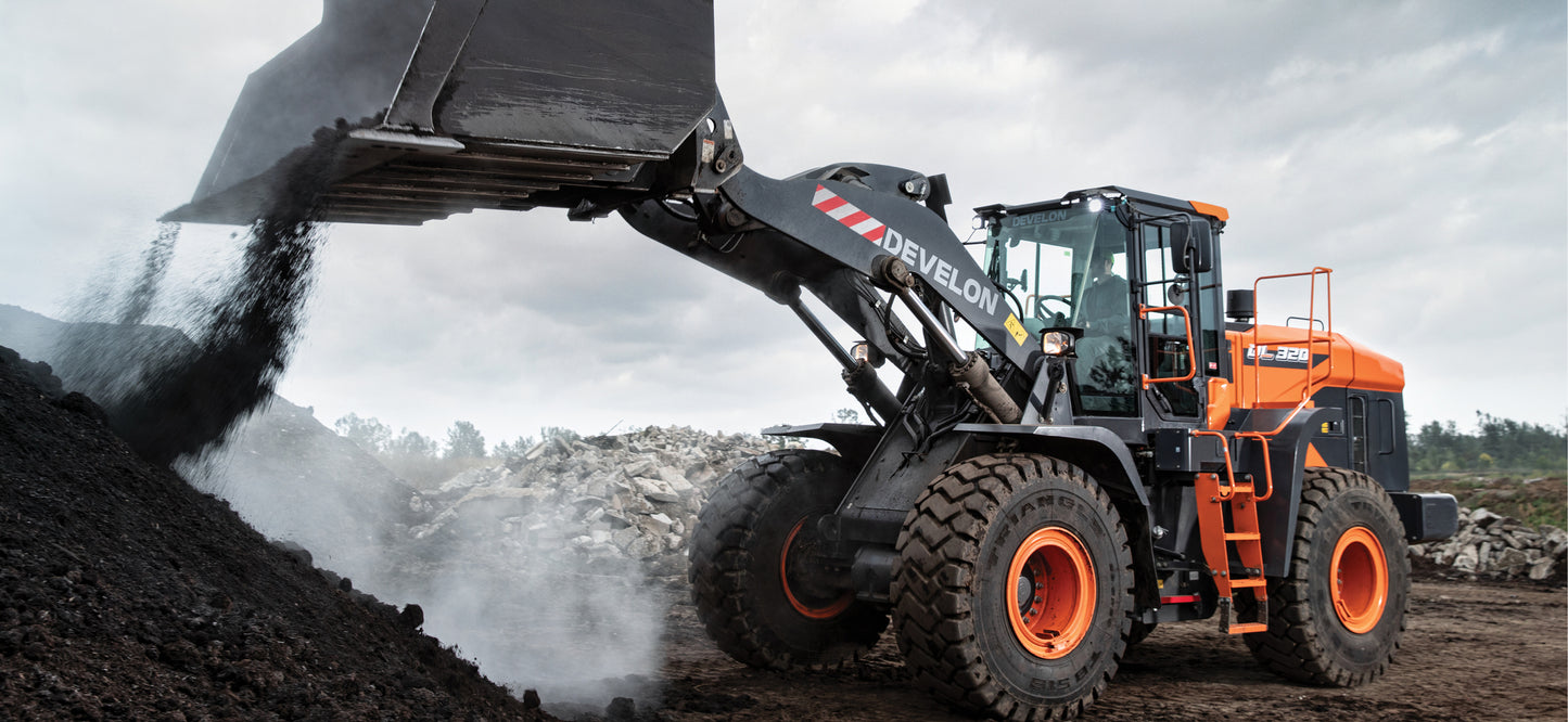 Develon | Wheel Loader | Model DL320-7 | Width 9' 6.9" | Horsepower 270.9 HP | For Construction, Material Handling, & Agriculture
