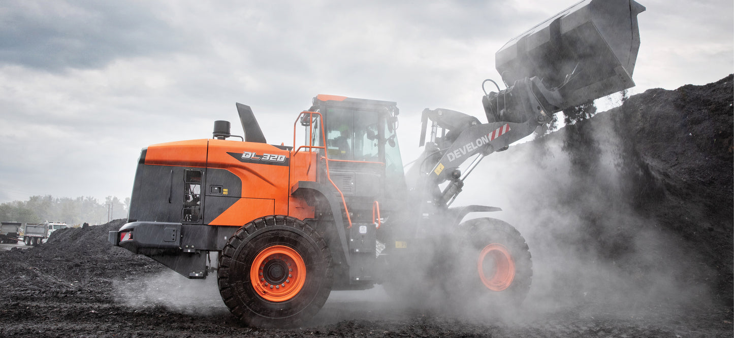 Develon | Wheel Loader | Model DL320-7 | Width 9' 6.9" | Horsepower 270.9 HP | For Construction, Material Handling, & Agriculture