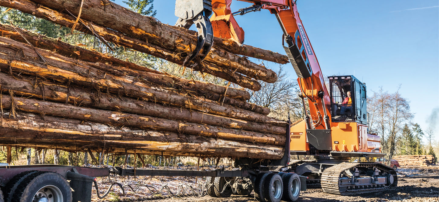 Develon | Log Loader | Model DX380LL-5 | Reach 43' 4" | Loading Height 38' 5" | 312.5 hp | 56.8 Tons | For Forestry, Road Building & Heavy Log Handling