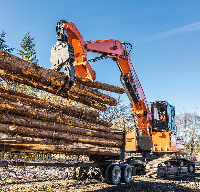 Develon | Log Loader | Model DX380LL-5 | Reach 43' 4" | Loading Height 38' 5" | 312.5 hp | 56.8 Tons | For Forestry, Road Building & Heavy Log Handling