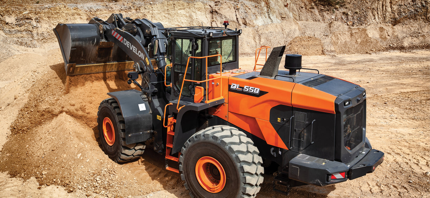 Develon | Wheel Loader | Model DL550-7 | Width 11' 2.1" | Horsepower 379.5 HP | For Quarry, Mining, Demolition & Industrial Operations