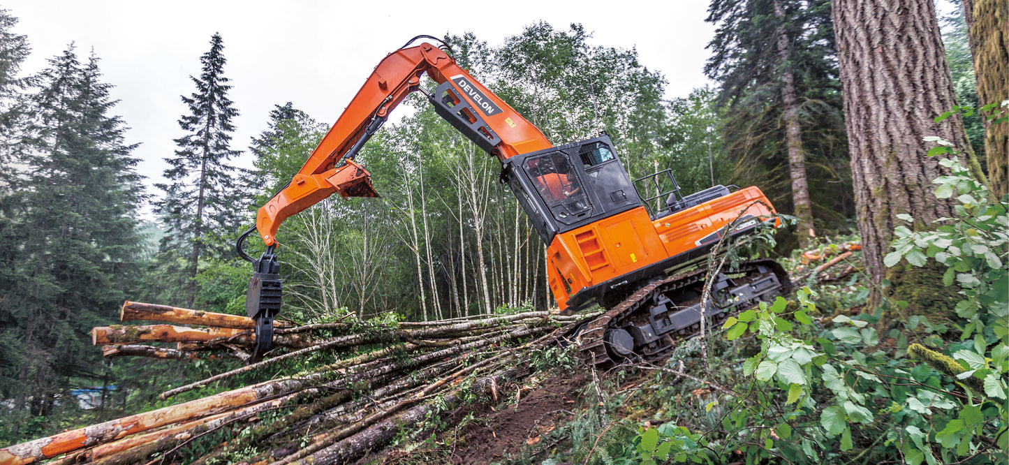 Develon | Log Loader | Model DX380LL-5 | Reach 43' 4" | Loading Height 38' 5" | 312.5 hp | 56.8 Tons | For Forestry, Road Building & Heavy Log Handling
