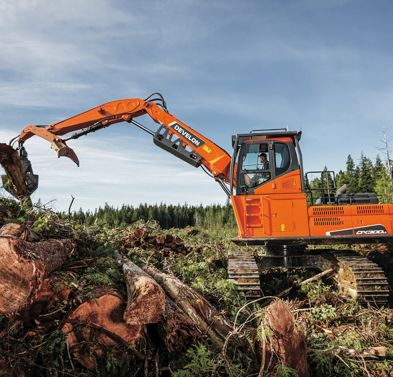 Develon | Log Loader | Model DX300LL-5 | Reach 37' 2" | Loading Height 28' 8" | 266.5 hp | 41 Tons | For Precision Forestry & Road Building