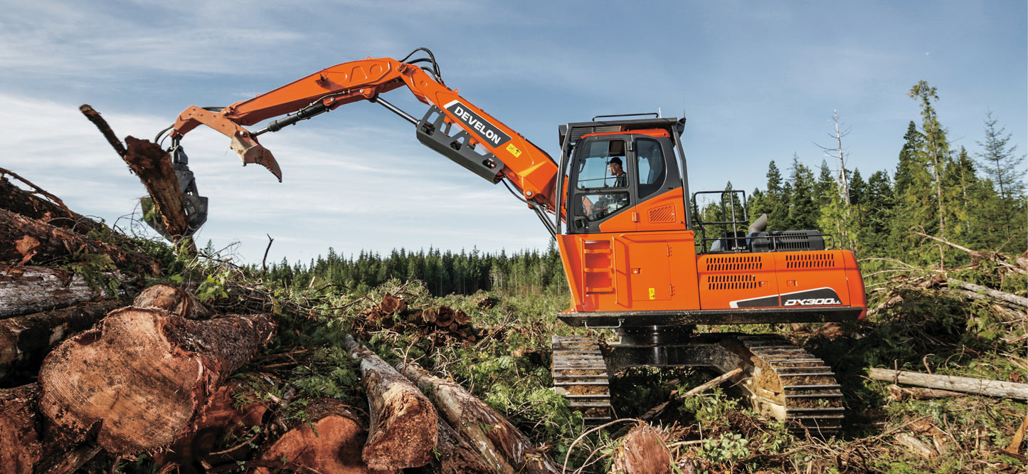 Develon | Log Loader | Model DX300LL-5 | Reach 37' 2" | Loading Height 28' 8" | 266.5 hp | 41 Tons | For Precision Forestry & Road Building