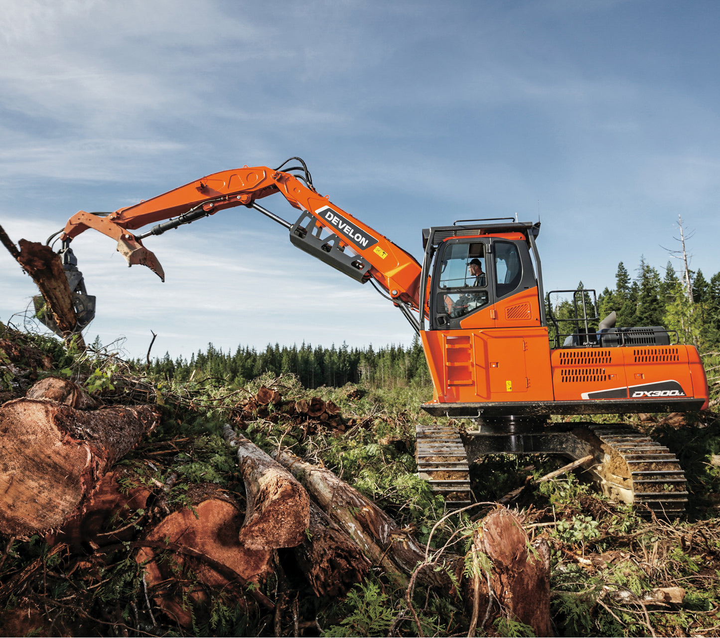 Develon | Log Loader | Model DX300LL-5 | Reach 37' 2" | Loading Height 28' 8" | 266.5 hp | 41 Tons | For Precision Forestry & Road Building