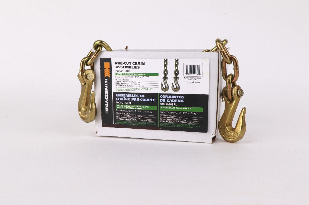 Kinedyne Grade 70 Grab Hook Chain Assembly | Model 10050-16BRL | Width 1/2" | Length 16' | Working Load Limit 11,300 lbs | For Heavy-Duty Cargo Securement & Transport Tie-Down