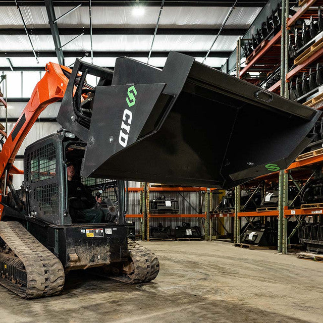 CID X-Treme Duty High Dump Bucket Attachment | Working Width 60″ to 96" inches | 10” Stroke Cylinder | For Skid Steer