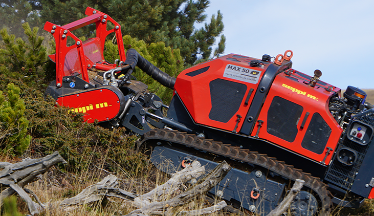 Seppi | Forestry Mulcher + Flail Mower | Knives & Carbides RC Remote Control Carrier | Model MAX50/CL125RC | Working Width 49" To 61" Inches | Hydraulic Flow 26 GPM | For Skid Steers