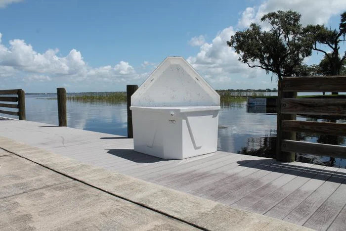 RIO MARINE CUSTOMS | Dock Box | Triangle | Model CMTRI-S | 54" W x 29" H x 34" D | Space-Saving Design | For Marine Storage