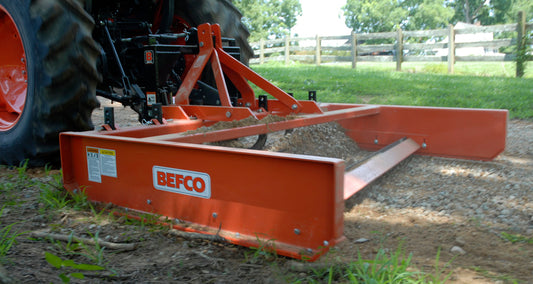 BEFCO | Grading Scraper (Land Plane) | Model BGS Series | 48″ To 84″ Width | Adjustable Rippers & 1/2″×6″ Blades | Cat. 1 Quick‑Hitch | Horsepower 16 To 65 HP | For Tractors