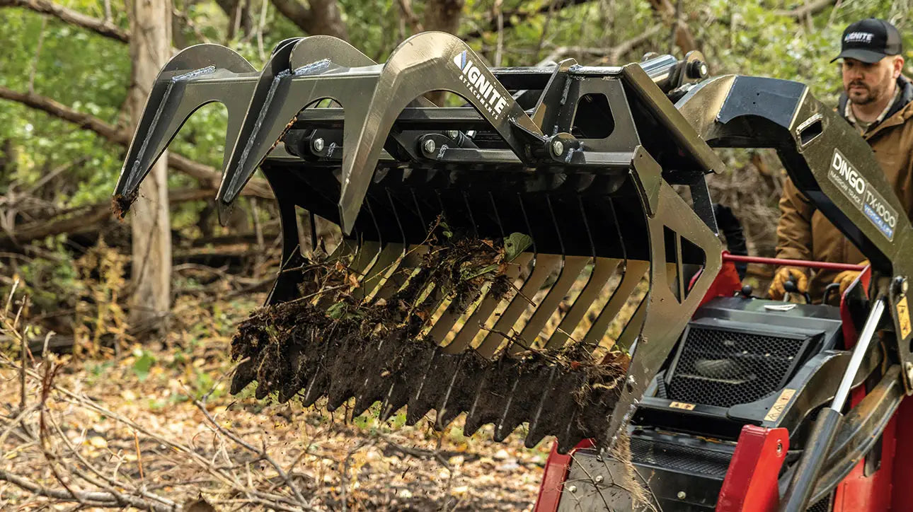 Ignite Attachments Mini Rock Grapple | Width 44" | Hydraulic Horsepower 7–15 HP | Hydraulic Flow 5–15 GPM | For Mini Track Loaders