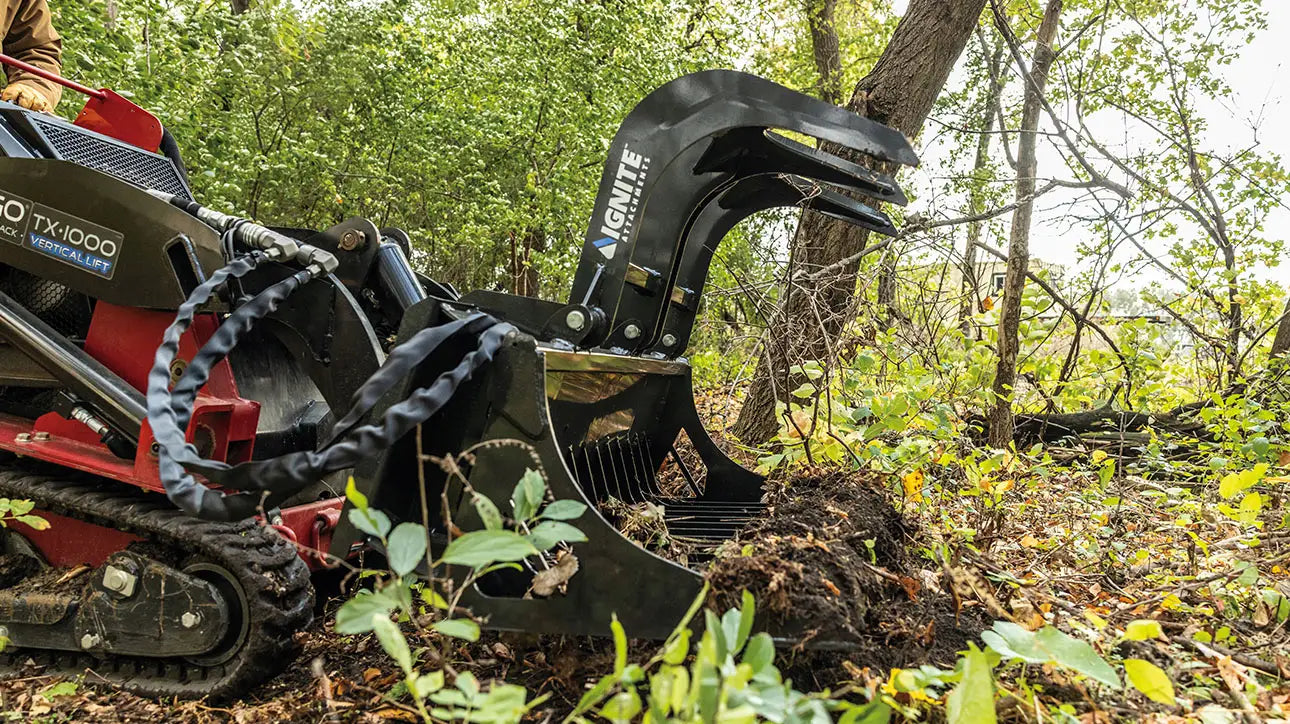 Ignite Attachments Mini Rock Grapple | Width 44" | Hydraulic Horsepower 7–15 HP | Hydraulic Flow 5–15 GPM | For Mini Track Loaders