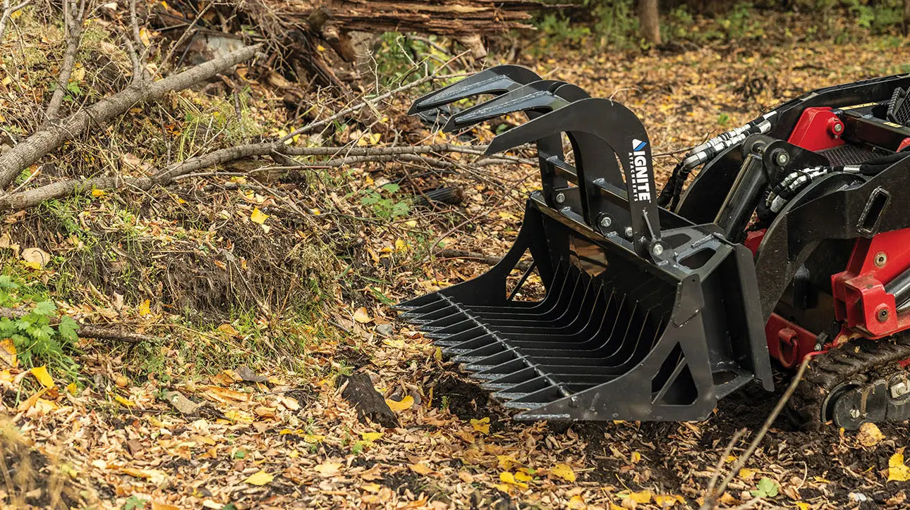 Ignite Attachments Mini Rock Grapple | Width 44" | Hydraulic Horsepower 7–15 HP | Hydraulic Flow 5–15 GPM | For Mini Track Loaders
