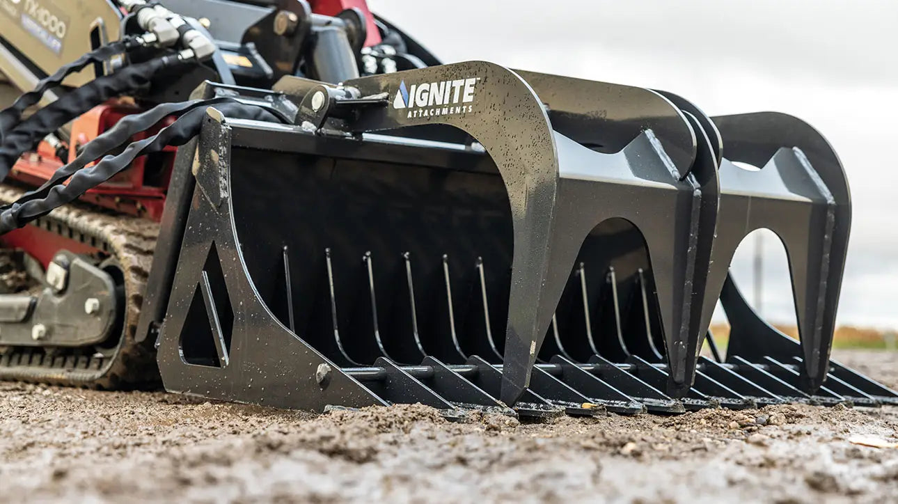 Ignite Attachments Mini Rock Grapple | Width 44" | Hydraulic Horsepower 7–15 HP | Hydraulic Flow 5–15 GPM | For Mini Track Loaders