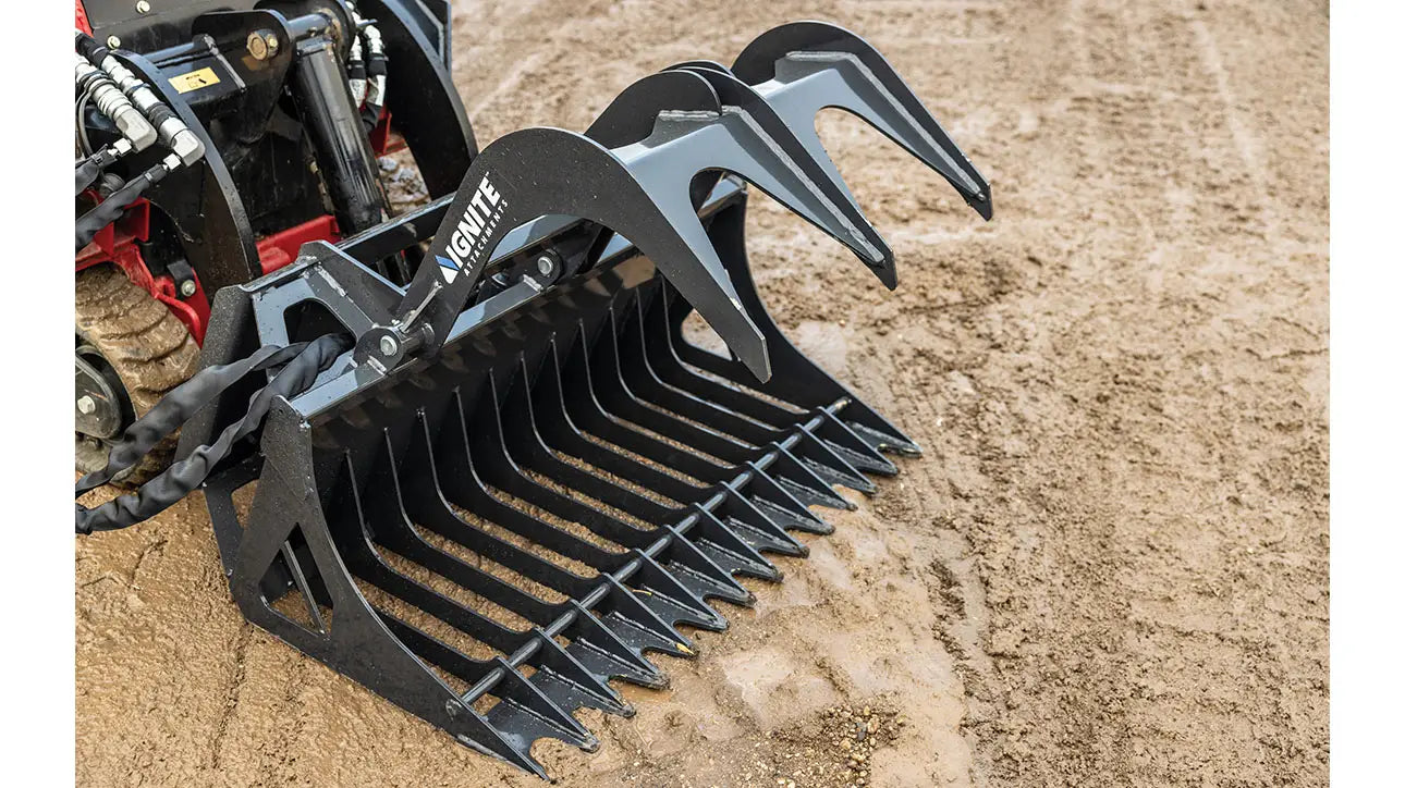 Ignite Attachments Mini Rock Grapple | Width 44" | Hydraulic Horsepower 7–15 HP | Hydraulic Flow 5–15 GPM | For Mini Track Loaders
