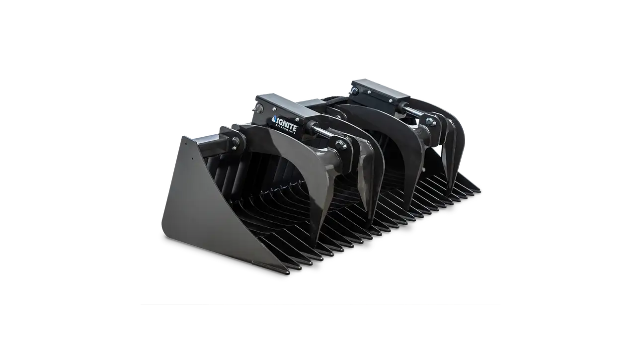 Ignite Attachments Rock Grapple | Width 68.7" | Grapple Opening Height 28.9" | Hydraulic Flow 12-20 GPM | For Skid Steers