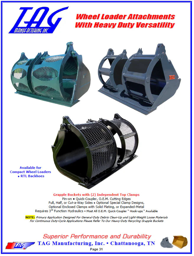 TAG Debris & Brush Grapple Bucket | Width 72"-120" | Capacity 1.00–8.00 yd | Machine Size 6-40 Tons | For Wheel Loaders