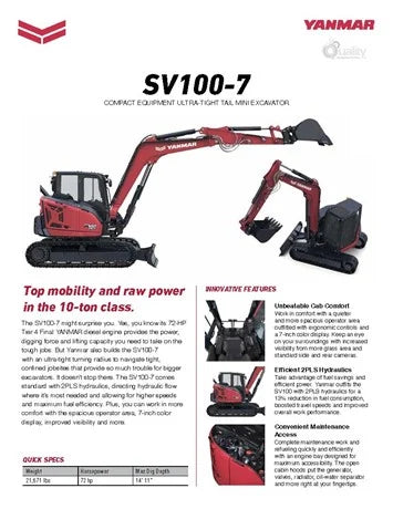 Yanmar Crawler Excavator | 2024 Model SV100-7 | Dig Depth 14 ft | 72 HP | 30.9 gal Fuel Capacity | For Compact Excavation Applications