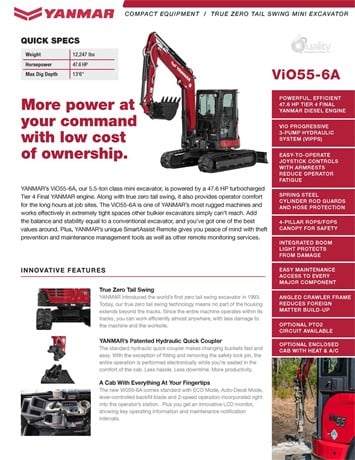 Yanmar Mini Excavator | 2024 Model VIO55-6A ( Enclosed ) | 30" Bucket | 13 ft 6 in Dig Depth | 47.6 HP | For Compact Excavation