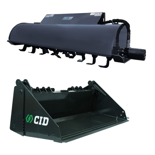 CID Heavy Duty 4 -IN-1 Bucket & X-Treme Rotary Tiller Attachment | Bucket Width 63", 66" & 72" inches | Tiller Width 72" & 84" inches | For Skid Steer