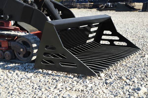 Loflin Fabrication | Rock Bucket | 36" - 50" Width | 3/8" Steel Build | Hydraulic Flow 14-43 GPM | Horsepower 18-35 HP | For Mini Skid Steers & Tractors