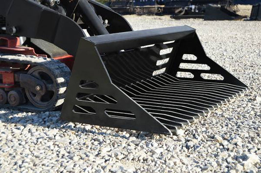 Loflin Fabrication | Rock Bucket | 36" - 50" Width | 3/8" Steel Build | Hydraulic Flow 14-43 GPM | Horsepower 18-35 HP | For Mini Skid Steers & Tractors