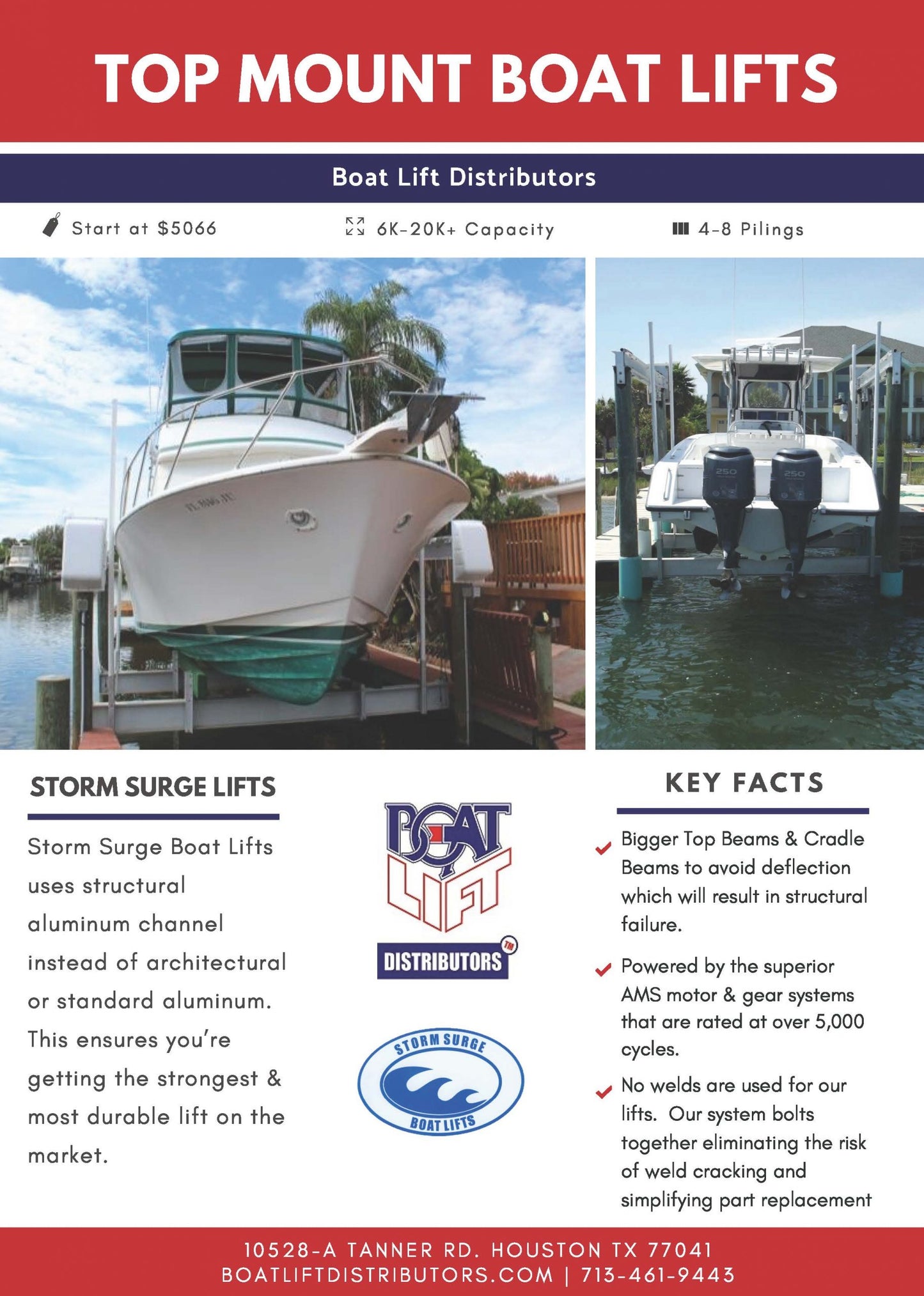 Boat Lift Distributors | Storm Surge | SS 12,000 LB Top Mount Boat Lift | Model Stormsilv9k4 | Lift Capacity 12,000 lbs | Dual Sealed TENV 1 HP Motors | For Lakefront & Coastal Boats