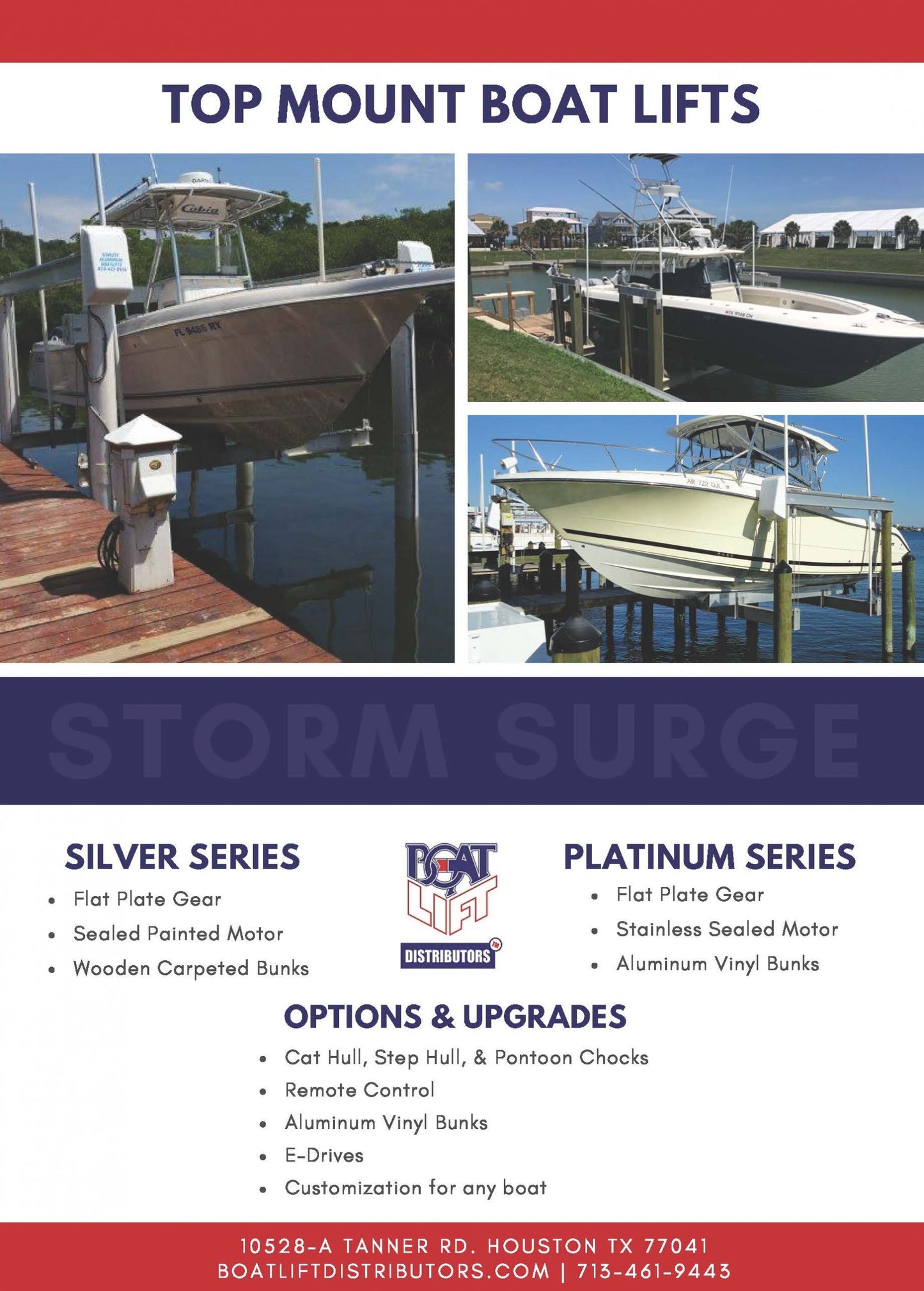 Boat Lift Distributors | Storm Surge | SS 12,000 LB Top Mount Boat Lift | Model Stormsilv9k4 | Lift Capacity 12,000 lbs | Dual Sealed TENV 1 HP Motors | For Lakefront & Coastal Boats