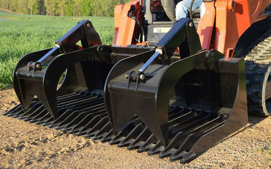 Loflin Fabrication | Grapple | XHD Rock Bucket | 66", 72", 78", 84" Widths | Hydraulic Flow 10–25 GPM | For Skid Steer