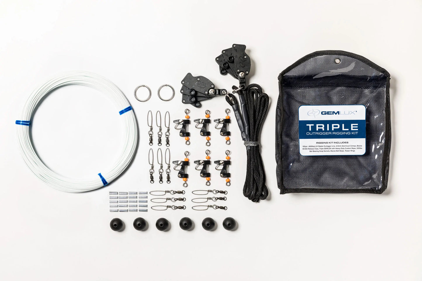 Gemlux | Triple Outrigger Rigging Kit | Model OR-RK-3B & OR-RK-3W | Line Length 100 Yards | 400 lb UV-Stable Line | For 22' Outrigger Poles