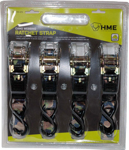 HME Ratchet Strap – Camo | Strap Dimensions 1" Wide × 8' Long | Working Load 500 lbs | 4 Straps Per Pack
