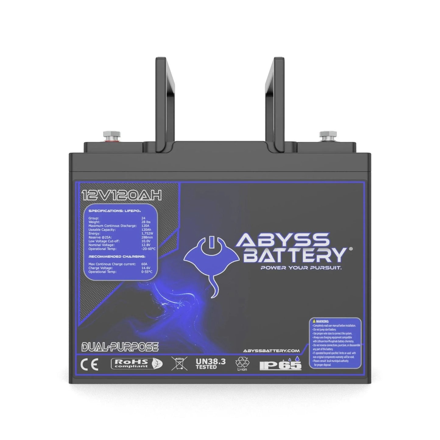 Abyss® | Dual Purpose Lithium Marine Battery | Model AB-12V120-BT | Group 24 | Voltage 12V 120Ah | 1500A Peak CCA | Bluetooth BMS | IP65 Waterproof