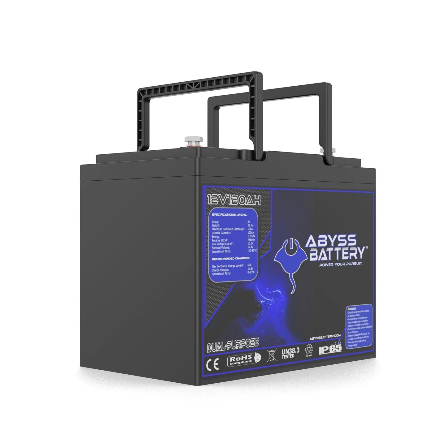 Abyss® | Dual Purpose Lithium Marine Battery | Model AB-12V120-BT | Group 24 | Voltage 12V 120Ah | 1500A Peak CCA | Bluetooth BMS | IP65 Waterproof