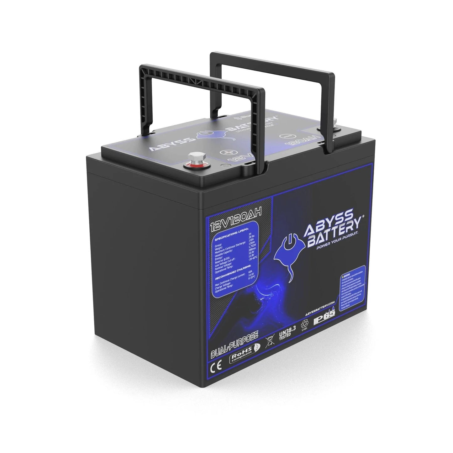 Abyss® | Dual Purpose Lithium Marine Battery | Model AB-12V120-BT | Group 24 | Voltage 12V 120Ah | 1500A Peak CCA | Bluetooth BMS | IP65 Waterproof