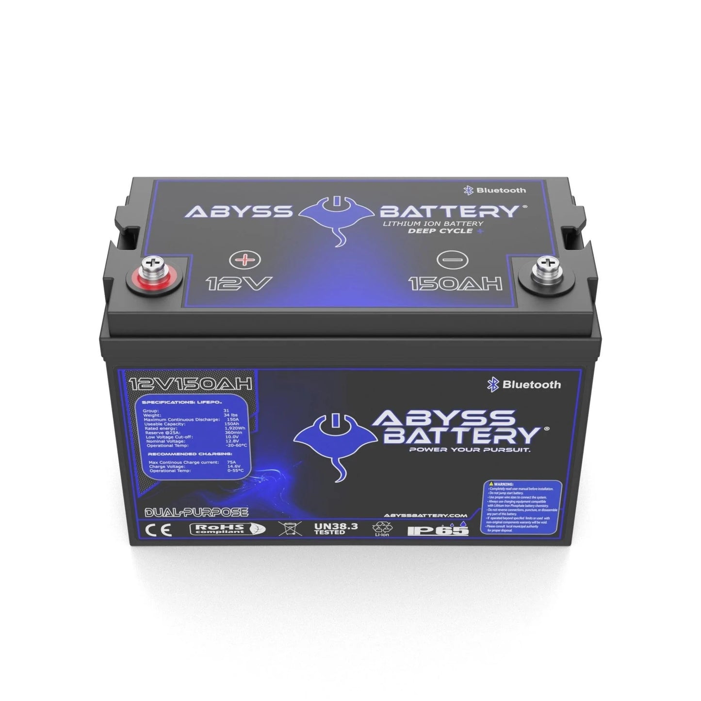 Abyss® | Dual Purpose Lithium Marine Battery | Model AB-12V150-BT | Group 31 | Voltage 12V 150Ah | 150A BMS | Bluetooth | Built-In Heating | IP65 Waterproof