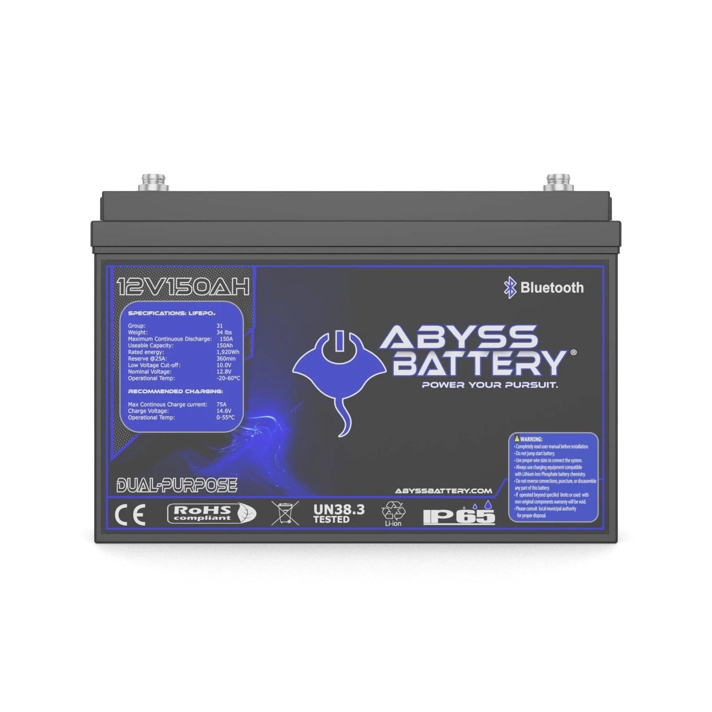 Abyss® | Dual Purpose Lithium Marine Battery | Model AB-12V150-BT | Group 31 | Voltage 12V 150Ah | 150A BMS | Bluetooth | Built-In Heating | IP65 Waterproof